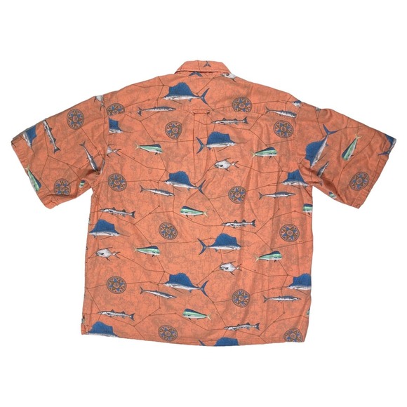 COLUMBIA Large Shirt Fish Print Button-Up Short Sleeve orange Sailfish Barracuda - Picture 5 of 9